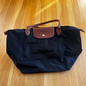 Longchamp Black Tote with Brown Handles